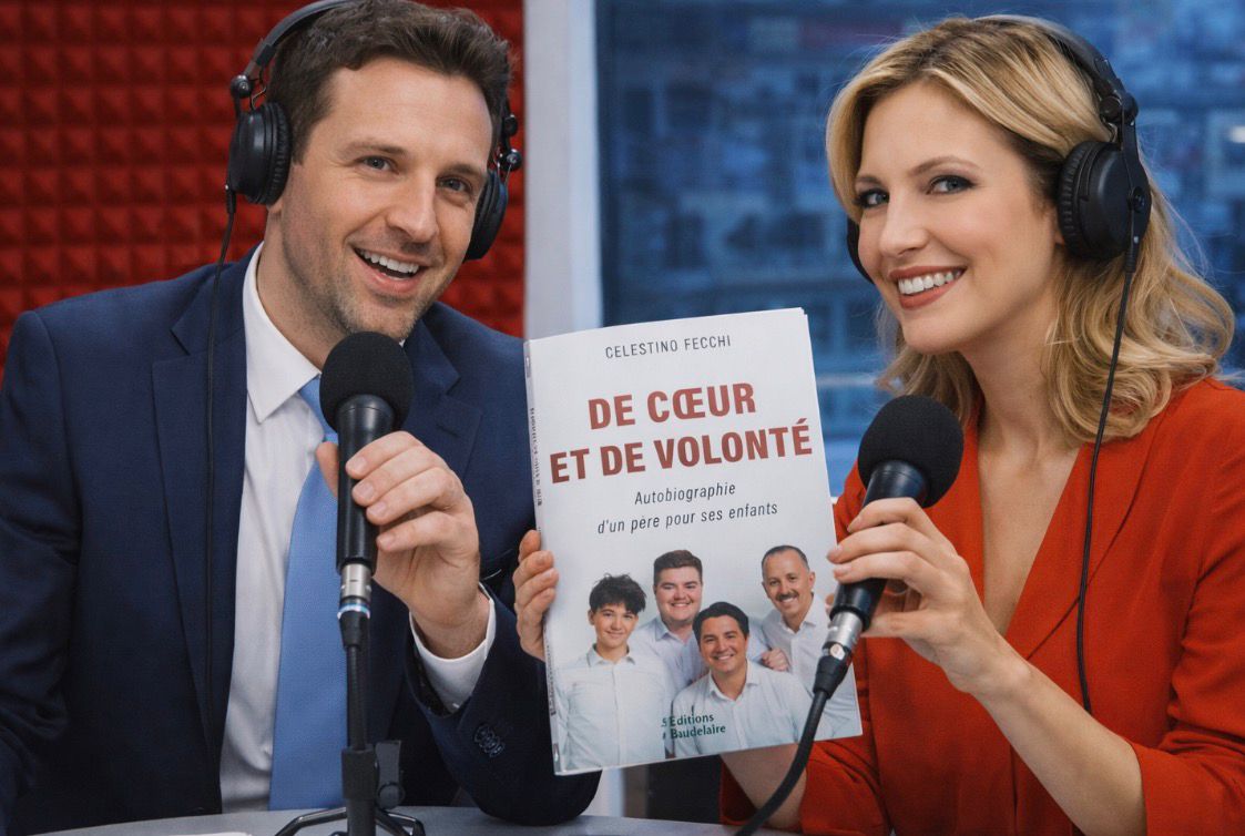 Celestino Fecchi en studio avec deux animateurs radio présentant le livre De cœur et de volonté