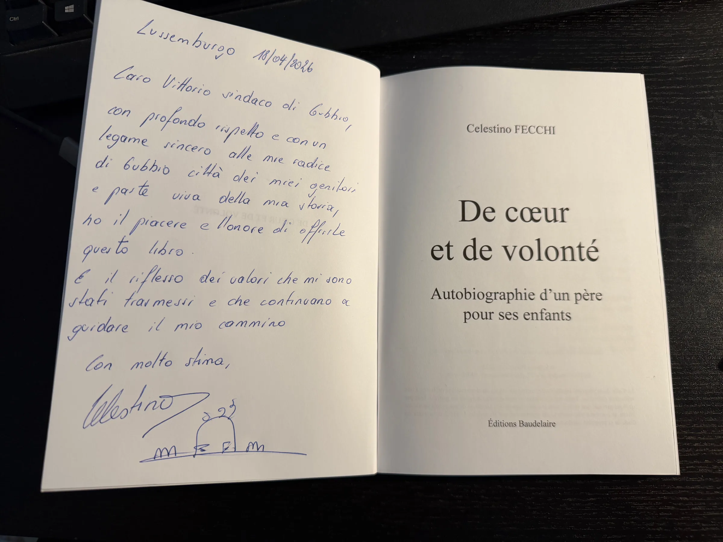 Soirée Come à la Maison - avec le Bourgmestre de Gubbio et mon frère dédicace du livre De coeur et de volonté